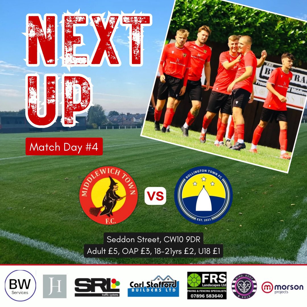 Middlewich Town FC (@middlewichfc) on Twitter photo The games come thick and fast in August and we’re back in action at home tomorrow.
🔴⚫️⚽️
🆚 <a href="/BollingtonTown/">Bollington Town FC</a>
📆 Weds 13th August
🏟 Seddon Street
🏆 <a href="/CheshireFL/">Cheshire Football League ⚽️</a> Premier Division
⏰ 18:45pm KO
Bar is open 🍺
Kitchen is open 🍟
#upthewitches🧙🏻♀️ The games come thick and fast in August and we’re back in action at home tomorrow.
🔴⚫️⚽️
🆚 <a href="/BollingtonTown/">Bollington Town FC</a>
📆 Weds 13th August
🏟 Seddon Street
🏆 <a href="/CheshireFL/">Cheshire Football League ⚽️</a> Premier Division
⏰ 18:45pm KO
Bar is open 🍺
Kitchen is open 🍟
#upthewitches🧙🏻♀️