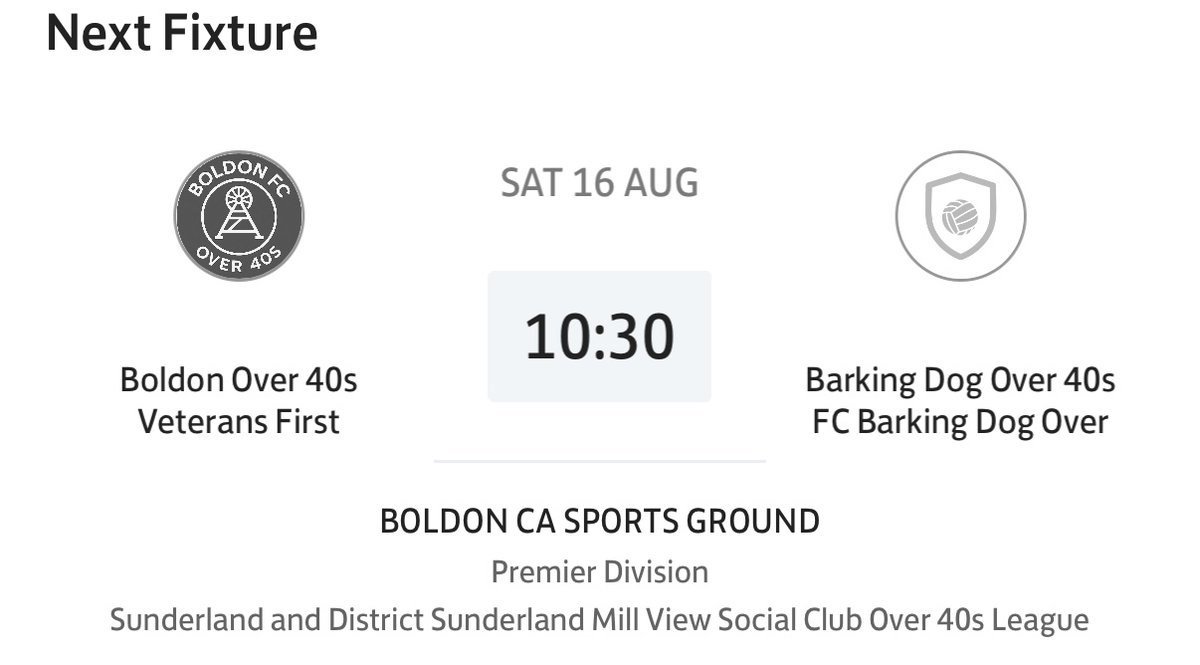 ⚽️First Game of the Season! ⚽️

We kick our season off by welcoming Barking Dog Over 40’s.

📅 Date: 16/08/25
📍 Location: Boldon CA Sports Ground 
⏰ Time: 10:30