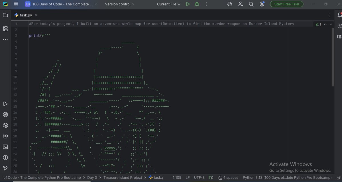 weird_divine's tweet image. Day3: #100DaysOfCode challenge.
Conditional Statements, Logical Operators, Code Block and Scope.
From what I learnt, I wrote a simple code for an adventure style murder mystery weapon search. 
#100daysofpython