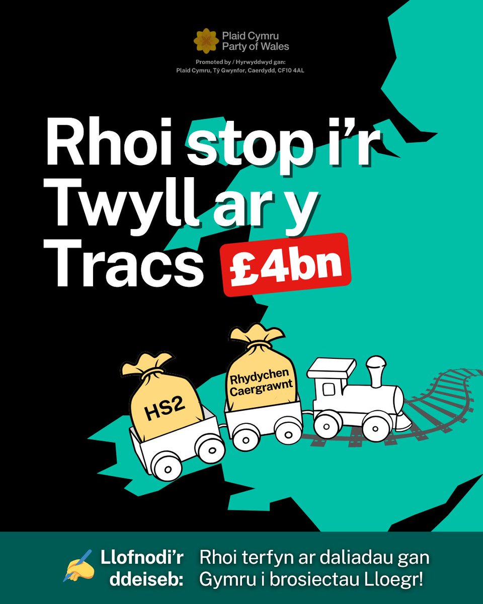 Mae Cymru'n talu biliynau am reilffyrdd yn Lloegr, ond mae ein cymunedau yn methu allan ar fuddsoddiad hanfodol.

Mae'n hen bryd i Gymru gael bargen well!

Llofnodwch ein deiseb i roi'r diwedd i Gymru'n talu am brosiectau Lloegr. ✍️

🔗 plaid.cymru/hs2