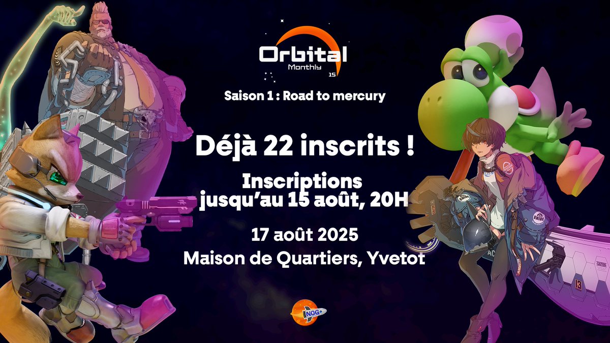 𝗗𝗘𝗝𝗔 𝟮𝟮 𝗜𝗡𝗦𝗖𝗥𝗜𝗧𝗦 !
Fin des inscriptions ce vendredi pour l'Orbital Monthly #15 ! 
👥32 slots 
🎮#SSBU, Side Event #GGST 
📍Yvetot, Normandie  
🔗Inscrivez-vous ici ⬇️⬇️
start.gg/om15