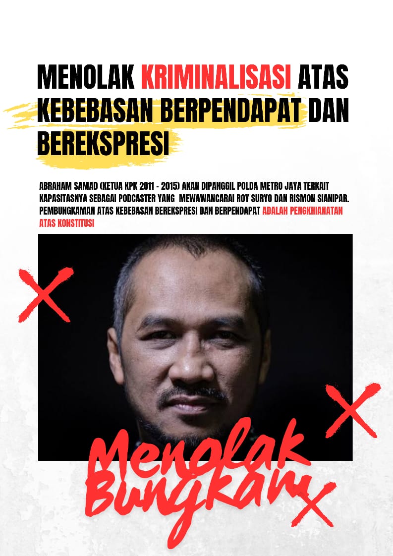 Menolak kriminalisasi atas kebebasan berpendapat dan berekspresi

Abraham samad di panggil dan diperiksa sbagai saksi rabu 13 agustus 2025 di polda metro jaya sbgai podcaster yg mewawancarai roy surya dkk

#kamibersamaabrahamsamad