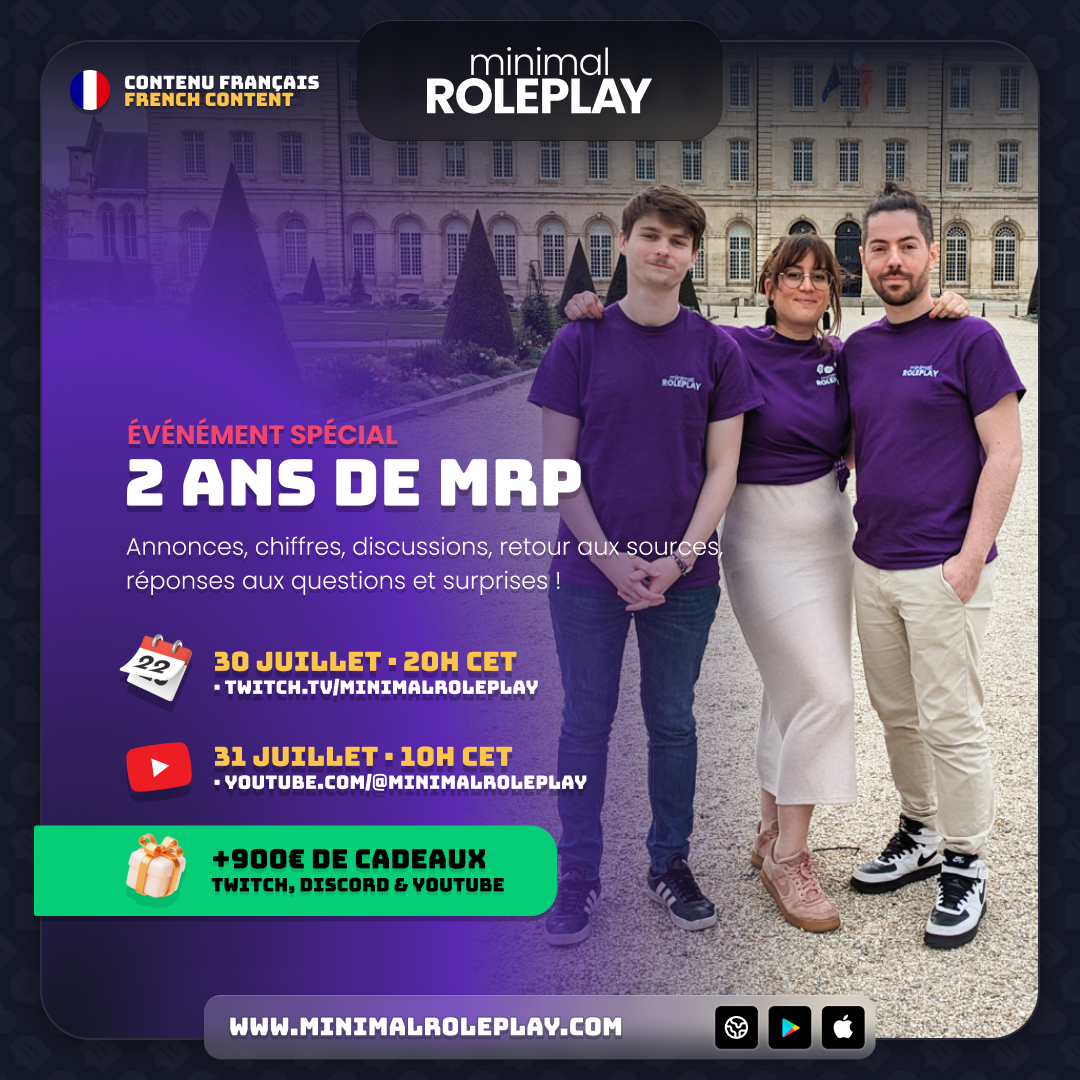 The wait is over!!
Relive our special anniversary livestream celebrating 2 years since Minimal Roleplay’s early access launch
The VOD is now live on our YouTube channel.
Thank you for being part of our journey ❤️

Vous l’attendiez… elle est enfin là !
Revivez avec nous le live