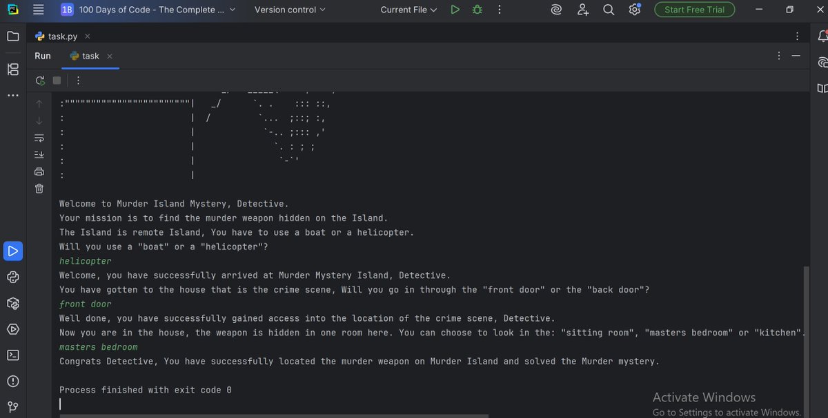 weird_divine's tweet image. Day3: #100DaysOfCode challenge.
Conditional Statements, Logical Operators, Code Block and Scope.
From what I learnt, I wrote a simple code for an adventure style murder mystery weapon search. 
#100daysofpython