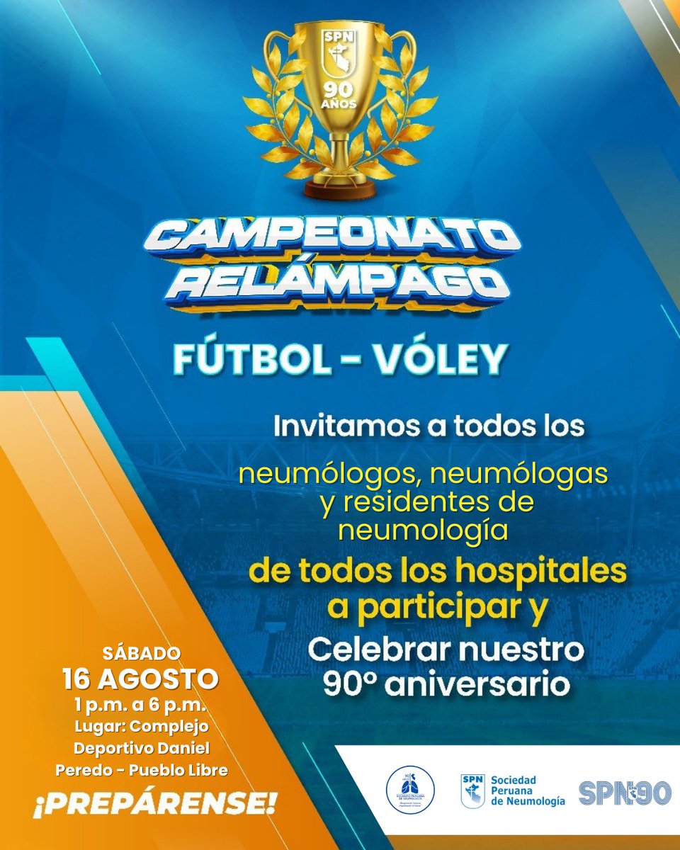 ⚽🔥 ¡Se viene el Campeonato Relámpago SPN 2025! 🔥⚽

Este sábado 16 de agosto, de 1:00 p. m. a 6:00 p. m., los invitamos a compartir una tarde de deporte, integración y camaradería. 🏆
📍 Dirigido a neumólogos, neumólogas y residentes de neumología.