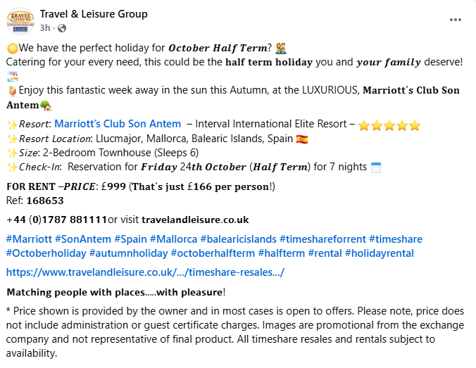 TLGTimeshare's tweet photo. We have the perfect holiday for 𝑶𝒄𝒕𝒐𝒃𝒆𝒓 𝑯𝒂𝒍𝒇 𝑻𝒆𝒓𝒎? 
This could be the 𝐡𝐚𝐥𝐟 𝐭𝐞𝐫𝐦 𝐡𝐨𝐥𝐢𝐝𝐚𝐲 you and 𝒚𝒐𝒖𝒓 𝒇𝒂𝒎𝒊𝒍𝒚 deserve!
Enjoy this fantastic week away in the sun this Autumn, at the LUXURIOUS, 𝐌𝐚𝐫𝐫𝐢𝐨𝐭𝐭'𝐬 𝐂𝐥𝐮𝐛 𝐒𝐨𝐧 𝐀𝐧𝐭𝐞𝐦 https://t.co/LqYXsEjMH2
