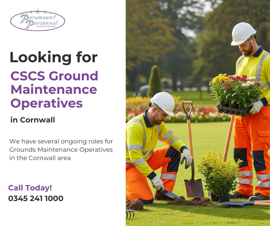 🌿 Job Alert in Cornwall! 🌿 We're hiring CSCS Ground Maintenance Operatives for St Austell and Newquay! 🌟

📍 St Austell: Apply Here(paramountpersonnel.com/vacancy/ground…)  

📍 Newquay: Apply Here(paramountpersonnel.com/vacancy/ground…)