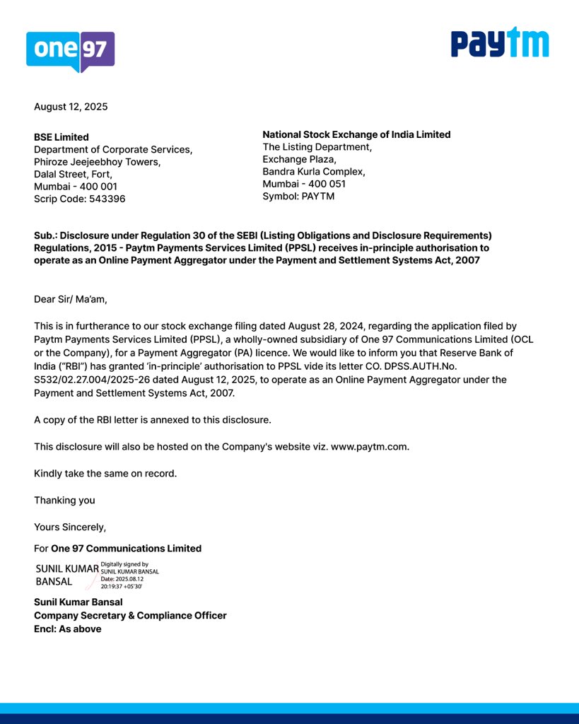 Update: We would like to inform that RBI has granted in-principle authorisation to Paytm Payments Services Limited (PPSL), our wholly-owned subsidiary, to operate as an Online Payment Aggregator under the Payment and Settlement Systems Act, 2007.
Read here: