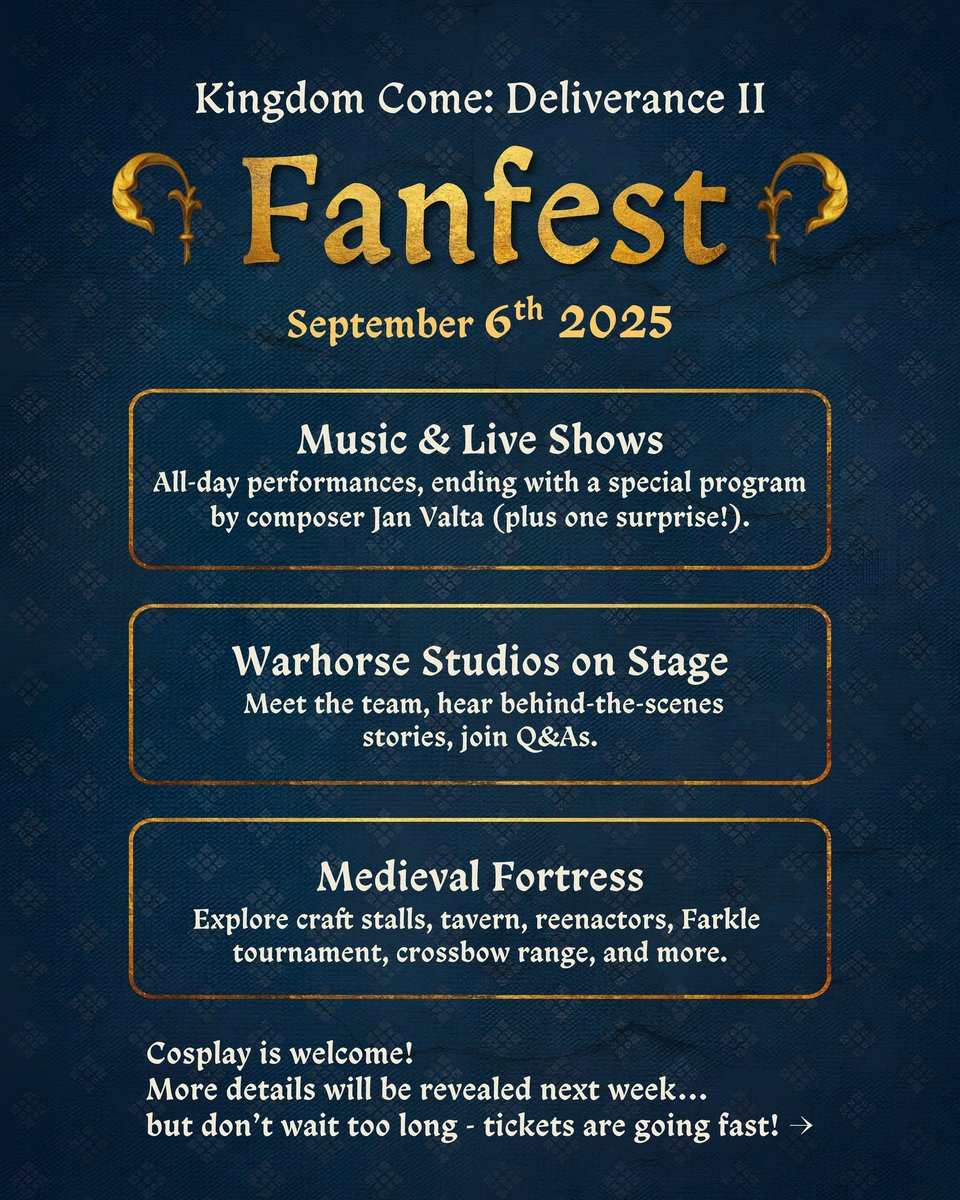 🗓 September 6, Malešov, Czechia - celebrate #KCD2! Explore the medieval fortress, meet devs, enjoy live shows, and take part in activities. Evening highlight: composer Jan Valta on stage. Mind you - tickets are selling fast!