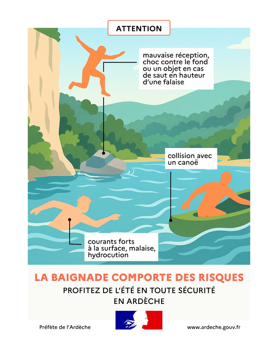 Image de Préfète de l'Ardèche - #Baignade | La baignade comporte des risques : restons vigilants 

💧Avec l'été, les fortes chaleurs