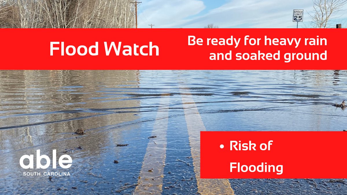 Heavy rain is expected around the state of SC over the next few days. A flood watch means flooding is possible. Be prepared and stay alert: ablesc.salsalabs.org/stormsaug2025

#EmergencyPrep #Flooding #StaySafe