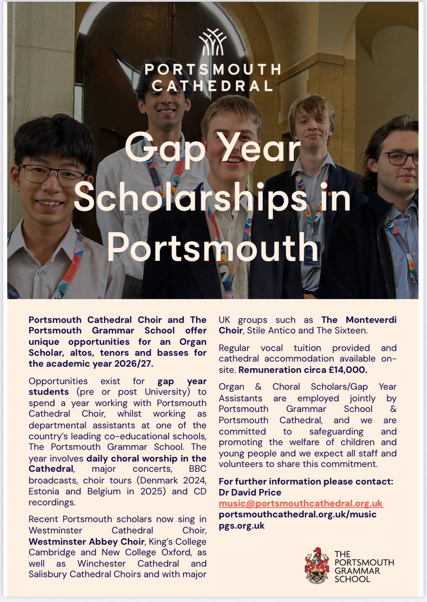 Looking for a gap year in Cathedral music?

We’re auditioning for the Cathedral Choir Year 2026-27 in October. 

Take a look at opportunities in Portsmouth which will include tours to Germany and Hungary. 
Further details on our website.
#gapyear #choral