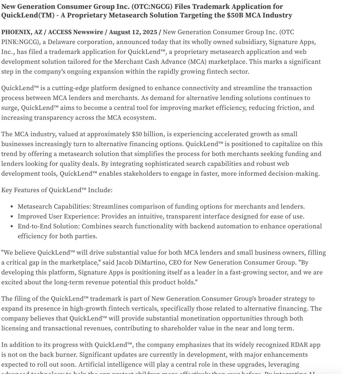 dubaisend's tweet image. $NGCG Posted Files Trademark Application for QuickLend(TM) - A Proprietary Metasearch Solution Targeting the $50B MCA Industry
cutt.ly/SrGaX3Ul  #AI #wsj #nytimes #business #reuters #IHub_StockPosts #forbes #yahoofinance #cnn #bet #foxnews #latimes #MSN #usatoday