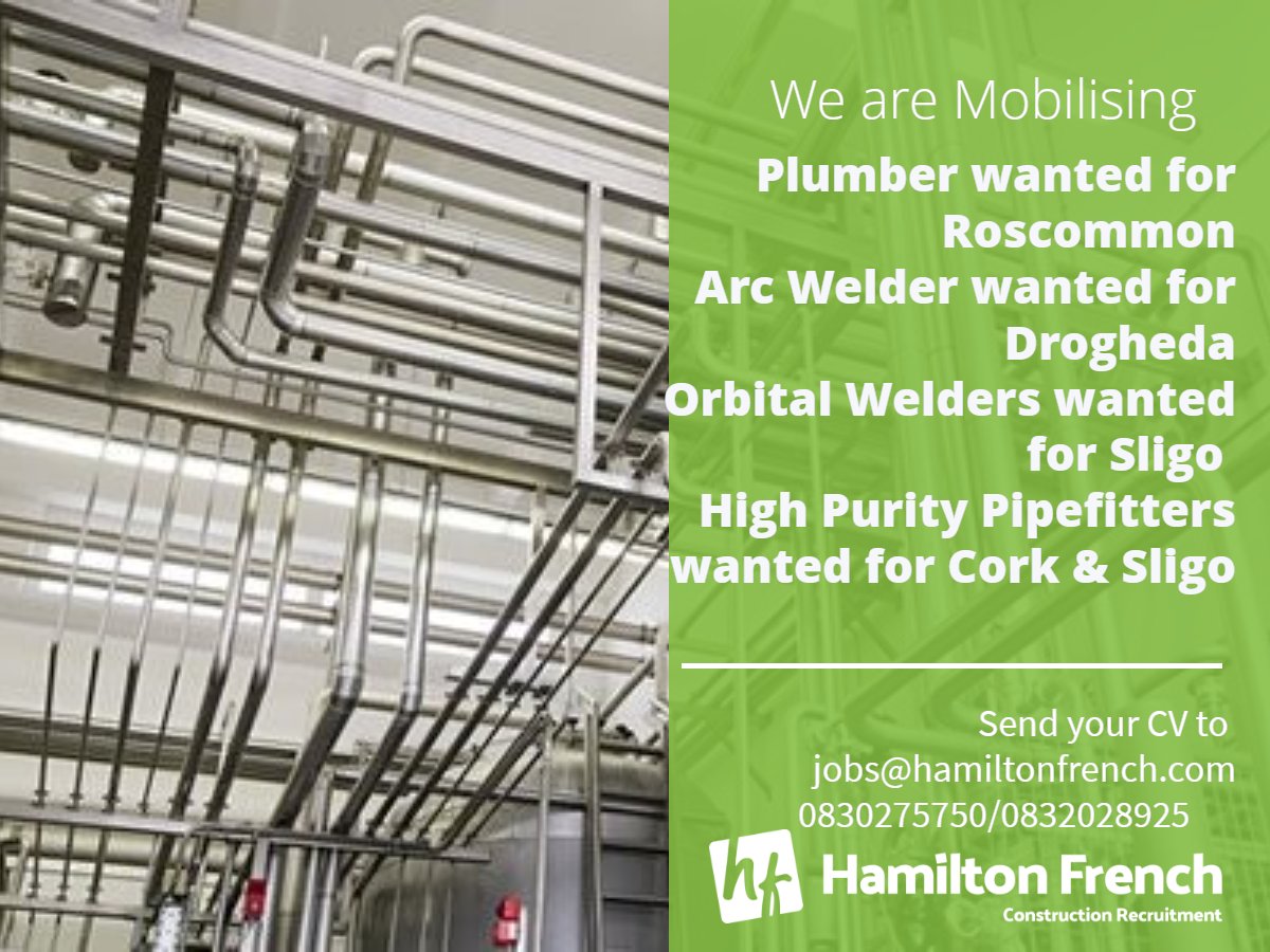 HamiltonFrench_'s tweet image. We have been retained to source for exciting roles in our Mechanical sector.

#highpurity #pipefitters #plumbers #orbitalwelders #arcwelders #mechanicalJobs #irishjobs #jobfairy