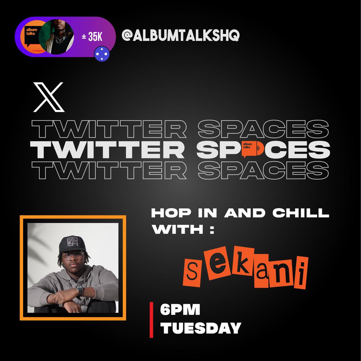 AlbumTalksHQ's tweet photo. We’ll be chopping it up with super-talented act @thesekani_ on A-T Spaces, discussing his new EP “Shege Season” &amp; more. 🌟

⏲️ 6PM https://t.co/8MkLBklqTq