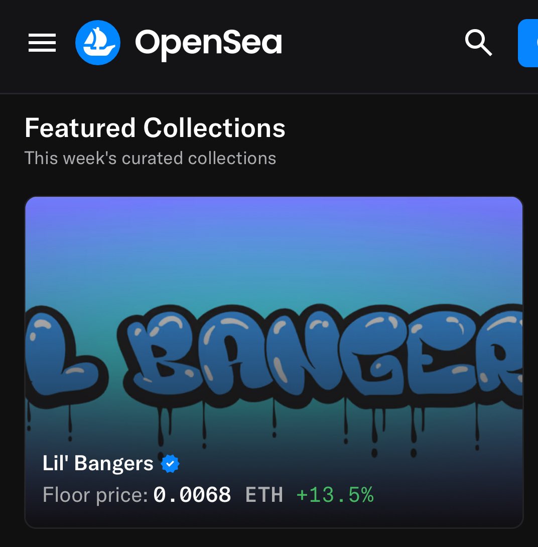 Lil Bangers is featured on OpenSea!

#1 Curated Collection of the Week

Pull up OS, first thing you see is Lil Bangers 

Thank you OpenSea!

We’ve come so far since our mint site crashed at launch. Now at the top of OS. 

But the jobs not finished 

THE COMEBACK STORY CONTINUES