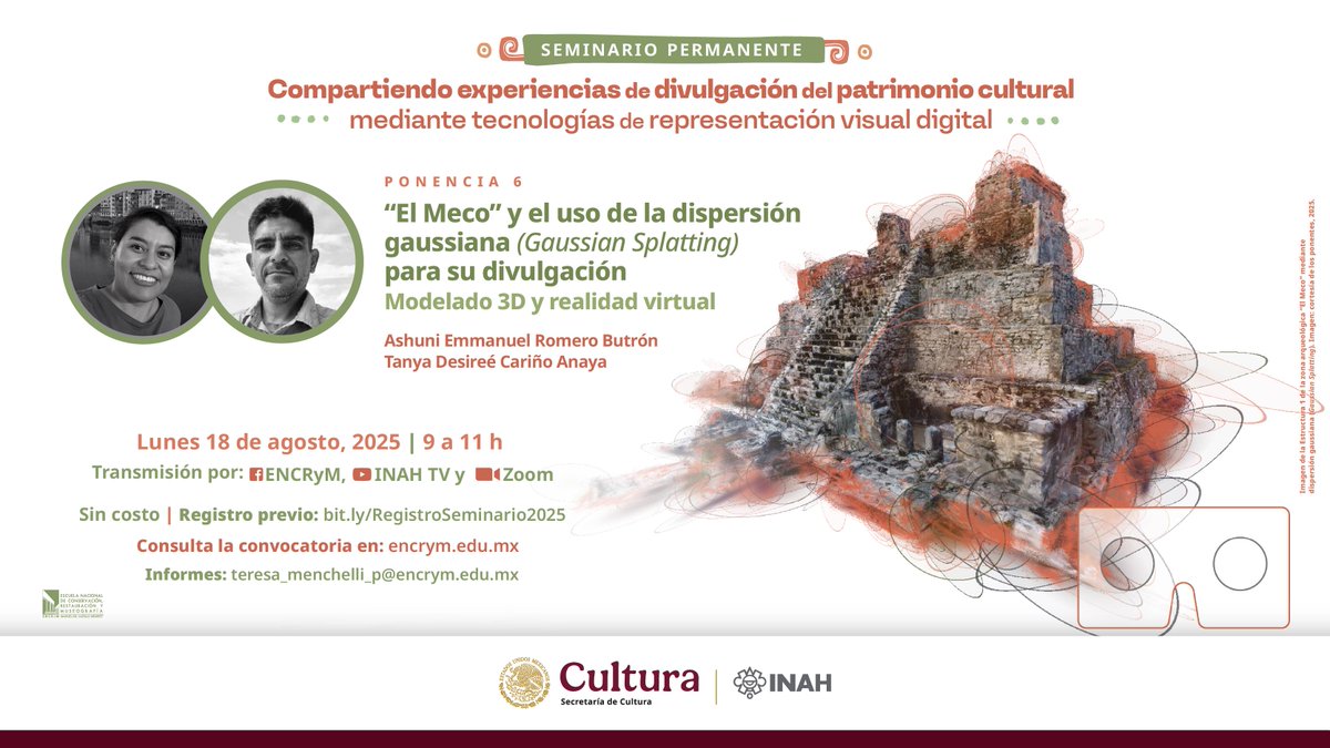Este próximo lunes 18 de agosto a las 9:00 am (UTC -06:00), por el canal de YouTube de la ENCRyM o del INAH. Junto con Tanya Anaya, mostraremos parte del trabajo digital que hemos estado haciendo en la zona arqueológica "El Meco".
youtube.com/live/xYgyeeyn9…
#3DGS #GaussianSplatting