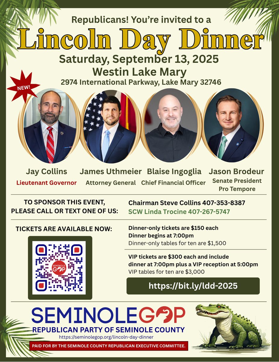 Linda Trocine 🇺🇸🐊🇺🇸 (@ltro) on Twitter photo Want to meet the newly sworn in Lieutenant Governor of Florida <a href="/JayCollinsFL/">Jay Collins</a>?
Be there at this event! All four speakers are CONFIRMED.
bit.ly/ldd-2025
<a href="/FloridaGOP/">Florida GOP</a>
<a href="/jasonbrodeur/">Jason Brodeur</a>
<a href="/GovGoneWild/">Blaise Ingoglia</a>
<a href="/JamesUthmeierFL/">James Uthmeier</a> Want to meet the newly sworn in Lieutenant Governor of Florida <a href="/JayCollinsFL/">Jay Collins</a>?
Be there at this event! All four speakers are CONFIRMED.
bit.ly/ldd-2025
<a href="/FloridaGOP/">Florida GOP</a>
<a href="/jasonbrodeur/">Jason Brodeur</a>
<a href="/GovGoneWild/">Blaise Ingoglia</a>
<a href="/JamesUthmeierFL/">James Uthmeier</a>