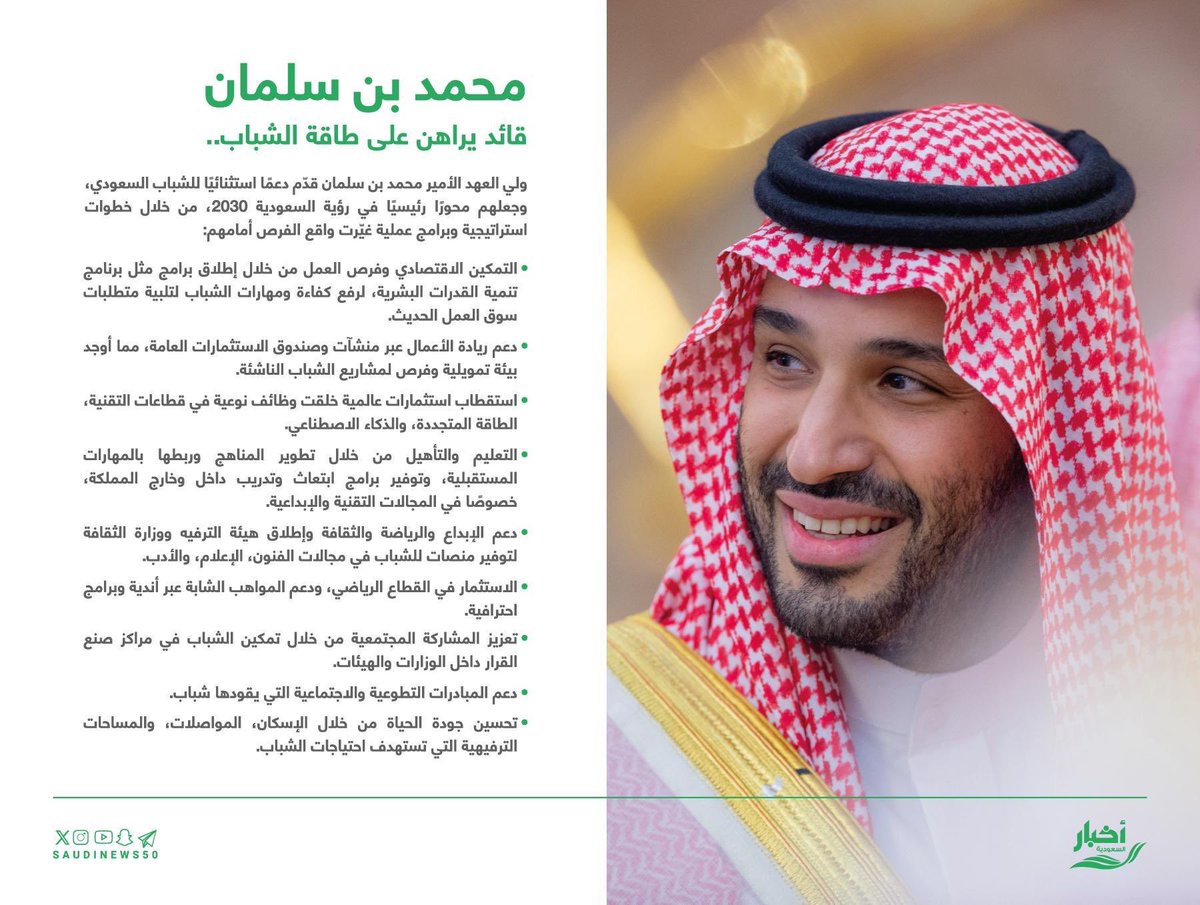 محمد بن سلمان..

قائد يراهن على طاقة الشباب.

#اليوم_العالمي_للشباب 

-
