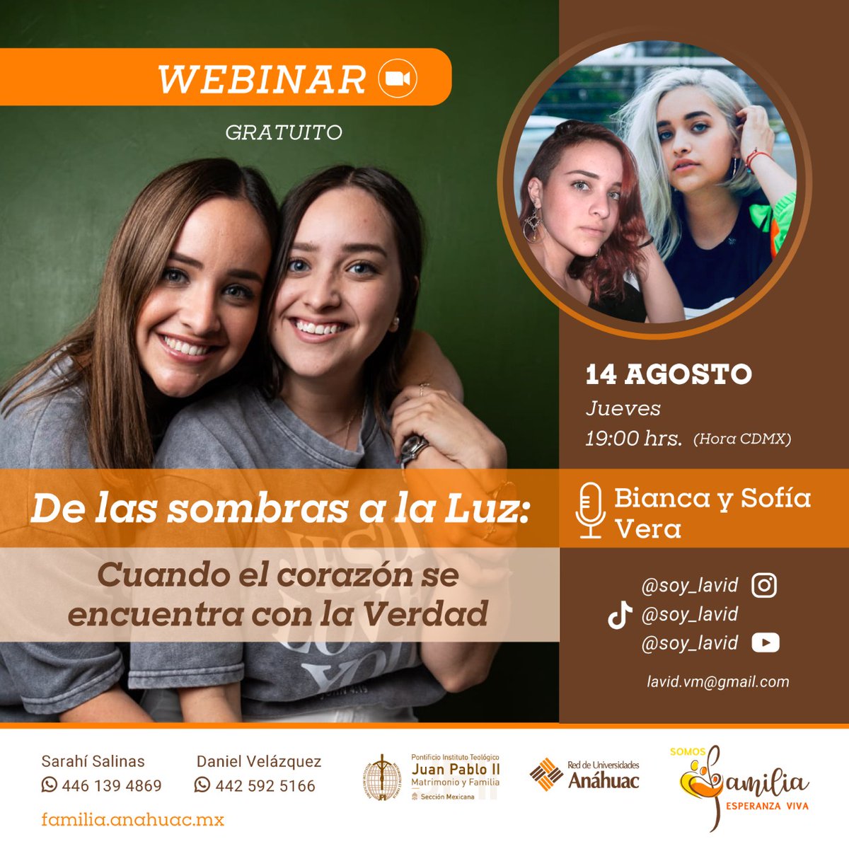 #Webinar gratuito | Dos historias, un mismo encuentro con la Verdad.
Bianca y Sofía Vera nos cuentan cómo pasaron de las sombras a la luz ✨

🗓 14 de agosto | 19:00 h (CDMX)
📍 En línea:  mkt.familia.edu.mx/Sombra-Luz

#SomosFamilia