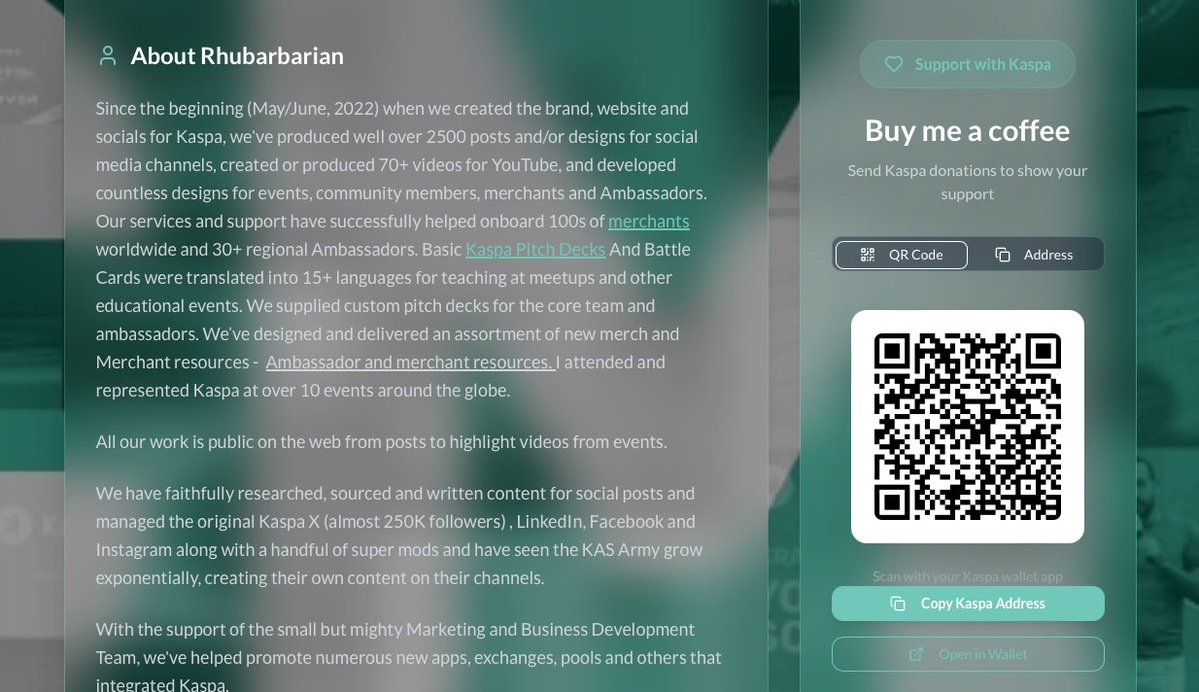Chad Ballantyne (@chadballantyne) on Twitter photo Hey, Kaspa Community! We're seeking funding support. We (<a href="/rhubarbmedia/">Rhubarb Media</a>) are Kaspa brand builders. (Since May 2022)
Major work includes: Content creators for KAS socials. <a href="/Kaspa_Commons/">Kaspa Commons</a> plus KaspaCurrency Facebook, Linked in and Instagram along with some awesome mods!
Launched Hey, Kaspa Community! We're seeking funding support. We (<a href="/rhubarbmedia/">Rhubarb Media</a>) are Kaspa brand builders. (Since May 2022)
Major work includes: Content creators for KAS socials. <a href="/Kaspa_Commons/">Kaspa Commons</a> plus KaspaCurrency Facebook, Linked in and Instagram along with some awesome mods!
Launched