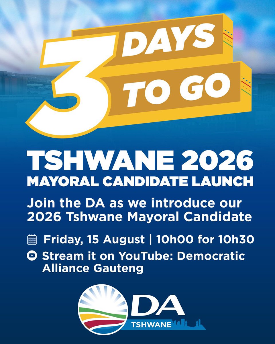 DAGauteng's tweet photo. 🚨 Only 3 DAYS TO GO! 🚨

Tshwane, the countdown is ON! 💙💪

We’re ready to #RescueTshwane, restore stability, and bring real change.

Be part of history, the fight for our city starts NOW! 🗳️🔥 https://t.co/9DCshKuOG3