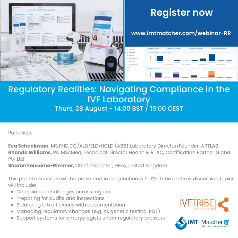 IMT_Matcher's tweet image. 🎙️ Webinar Alert: Regulatory Realities in the IVF Lab

Join IMT Matcher &amp;amp; IVFTribe.org for a panel on navigating compliance, audits &amp;amp; regulatory change in IVF labs.
🗓️ Register: imtmatcher.com/webinar-RR

#IVFWebinar #IMTMatcher #IVFCompliance #ElectronicWitnessing