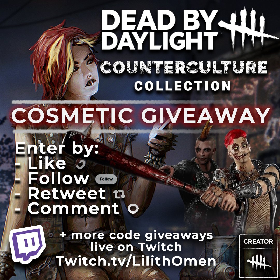 Lilith Omen (@lilithomen) on Twitter photo 🚨 Cosmetic Giveaways!! 🚨
We'll be giving away 3 codes for the Counterculture Collection today (choose from David, Nea, Zarina, or Trickster) at 10pm BST tonight, and many more on stream!
Thank you to <a href="/DeadbyDaylight/">Dead by Daylight</a> for the opportunity to be involved!
#DBDCreator 🚨 Cosmetic Giveaways!! 🚨
We'll be giving away 3 codes for the Counterculture Collection today (choose from David, Nea, Zarina, or Trickster) at 10pm BST tonight, and many more on stream!
Thank you to <a href="/DeadbyDaylight/">Dead by Daylight</a> for the opportunity to be involved!
#DBDCreator