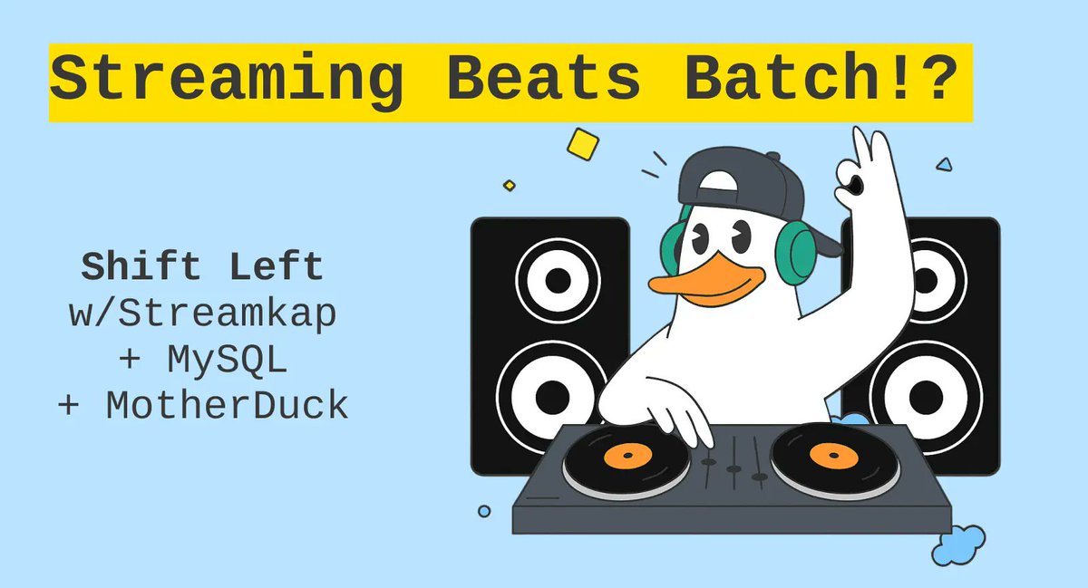 🚀 Streaming Just Got a Whole Lot Quackier

We’re excited to share a guide from <a href="/olidinov/">Oli Dinov 💙</a>:
Real-Time MySQL to <a href="/motherduck/">MotherDuck</a>  Streaming with <a href="/Streamkap/">Streamkap</a> 🦆🧢
Shift Left = validate, clean &amp; transform data at the source. Catch schema drift early, keep data analytics-ready from day one.