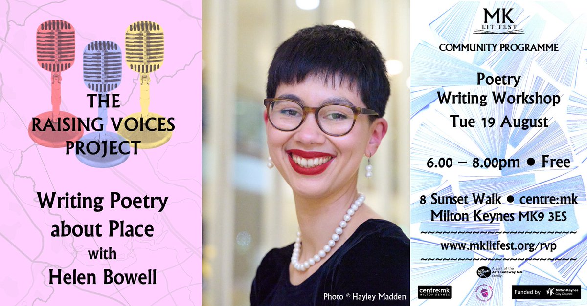 MKlitfest's tweet image. Free event with Helen Bowell will help you write poems mining memory, history and place to paint pictures of MK. Places limited: please pre-book.

mklitfest.org/poetryaboutpla…

#helenbowell
#writingworkshop
#poetry
#miltonkeynes