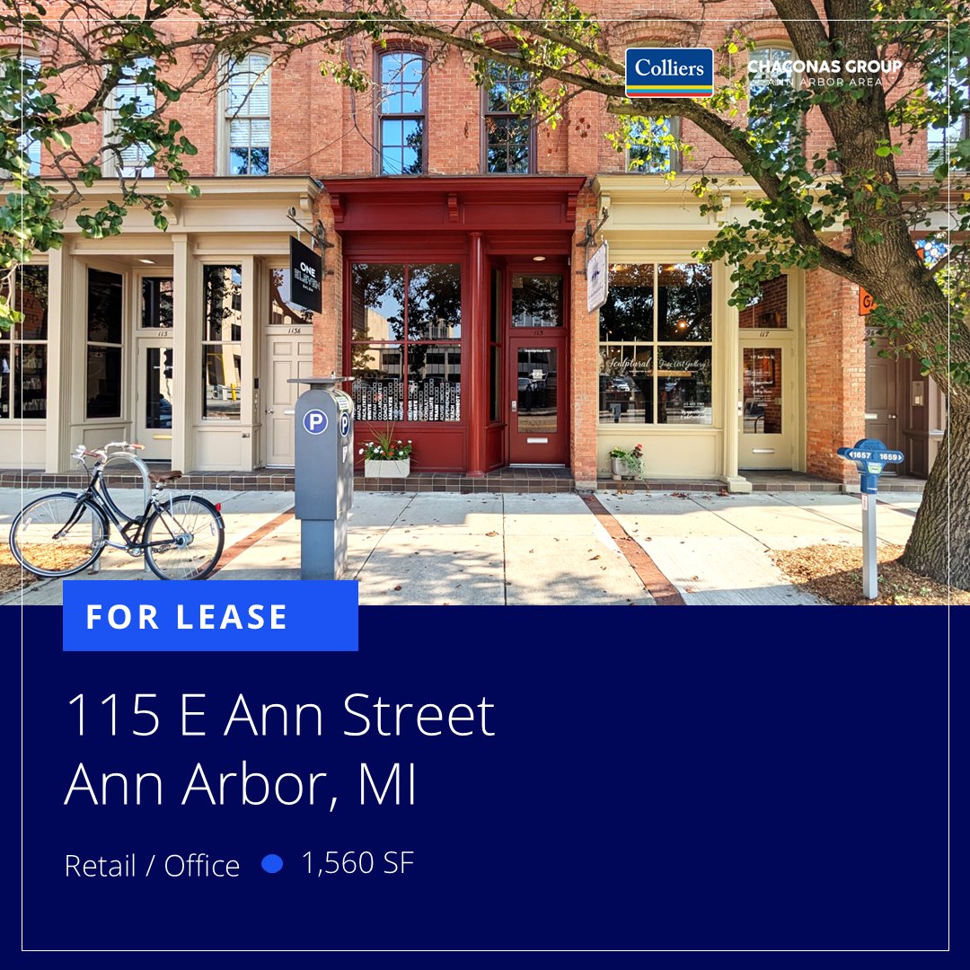 Now Available – 1,560 SF Office/Retail Space
Just steps from Kerrytown &amp; downtown Ann Arbor, offers storefront windows, high ceilings, &amp; brick walls. Ideal for boutique retail, studio, or an office. 
For Details: colliersannarbor.com/115-e-ann-st
📞Connect today! 734-994-3100 
#ForLease