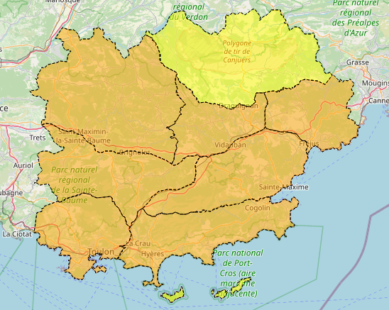 #FeuxDeForêt  | Mercredi 13 août dans le #Var : 
🟠 Risque incendie 🔥 SÉVÈRE pour 7️⃣massifs forestiers : Monts Toulonnais, Sainte-Baume, Haut Var, Corniche des Maures, Maures, Centre Var et Estérel
➡Accès déconseillé,  
➡Travaux réglementés de 5h à 13h, interdits après 13h ⛔️
