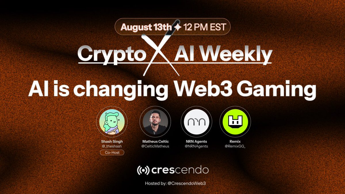 Crescendo (@crescendoweb3) on Twitter photo “Web3 gaming is dead”
Or maybe… AI is about to bring it back to life.
Join us this week as we discuss AI-generated games, NPCs with real brains and Player-owned worlds
With guests <a href="/SamSteffanina/">Sam Steffanina @ Gamescom</a>, <a href="/RemixGG_/">Remix (formerly Farcade)</a>, <a href="/NRNAgents/">NRN Agents</a>, and <a href="/CelticMatheus/">Matheus Celtic</a>!
🗓️ 12pm EST (1 hour later than our “Web3 gaming is dead”
Or maybe… AI is about to bring it back to life.
Join us this week as we discuss AI-generated games, NPCs with real brains and Player-owned worlds
With guests <a href="/SamSteffanina/">Sam Steffanina @ Gamescom</a>, <a href="/RemixGG_/">Remix (formerly Farcade)</a>, <a href="/NRNAgents/">NRN Agents</a>, and <a href="/CelticMatheus/">Matheus Celtic</a>!
🗓️ 12pm EST (1 hour later than our