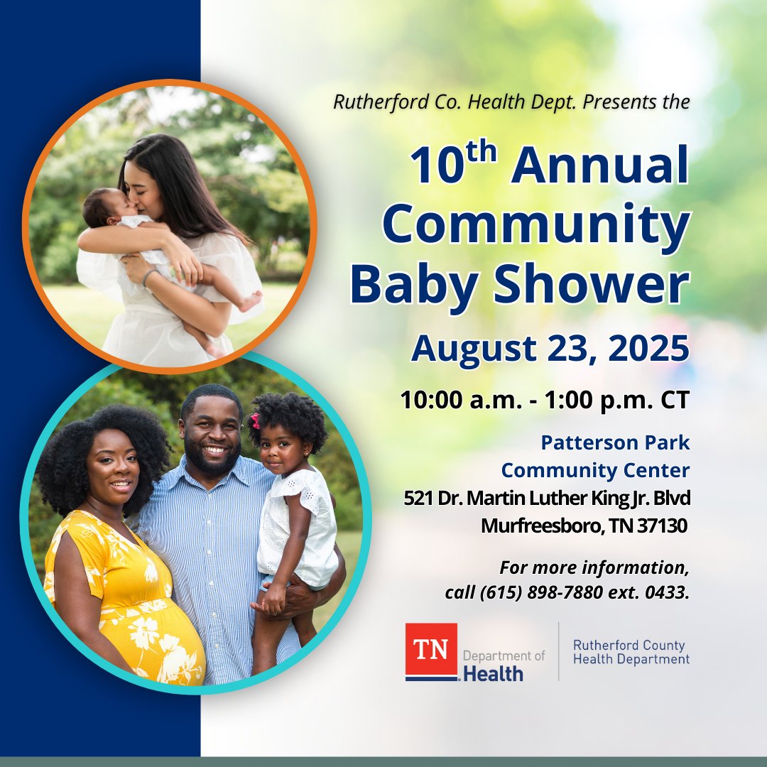 🎉👶 The 10th Annual Community Baby Shower is Sat, Aug 23!  Hosted by Rutherford Co. Health Dept., this event supports expectant parents &amp; new families with: 

🎁Resources &amp; giveaways
🤰Parenting info 
🍼Local health support 

📞615-898-7880 ext. 0433
#MCRegionTN