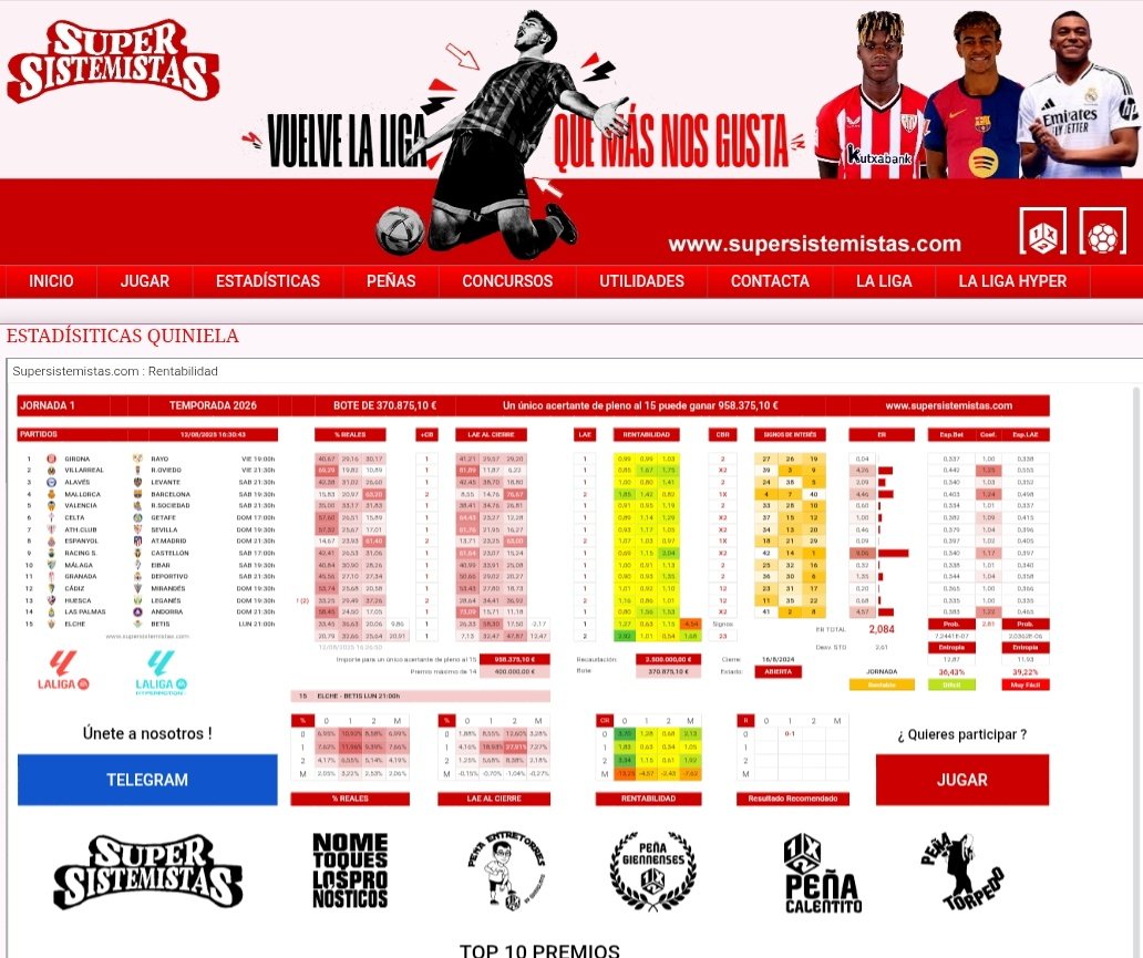 #LaLiga ya está aqui
Vívela con #LaQuiniela y supersistemistas.com

Todos los datos que necesitas para llevarte el BOTE!

Nueva web, nuevas oportunidades!
Analiza, juega y gana!! 💰💰