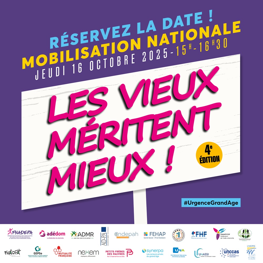 📢 #LesVieuxMéritentMieux - Je me mobilise le 16 octobre pour le Grand âge, et vous ?

🪧 Tous ensemble pour réclamer une loi #GrandAge et améliorer l’accompagnement des personnes âgées :

🏥 Etablissements et services pour personnes âgées, familles, bénévoles, aidants, élus se