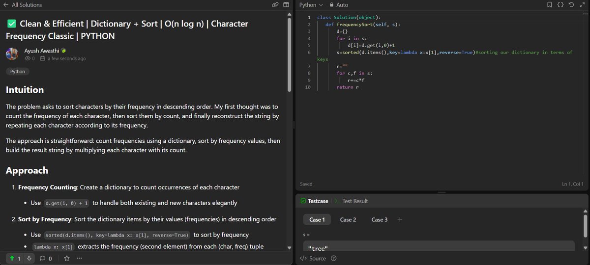 otakuayush_'s tweet photo. ✅ Solved "Sort Characters by Frequency"! 
-Dictionary counting + lambda sorting = clean solution -Love how char * freq rebuilds the string perfectly! 🔢 
I tried to keep it concise

SOLUTION:
https://t.co/wDZbfObayR

#LeetCode #Python #Sorting #DictionaryMagic #StringAlgorithms https://t.co/ppxDmrhFcT