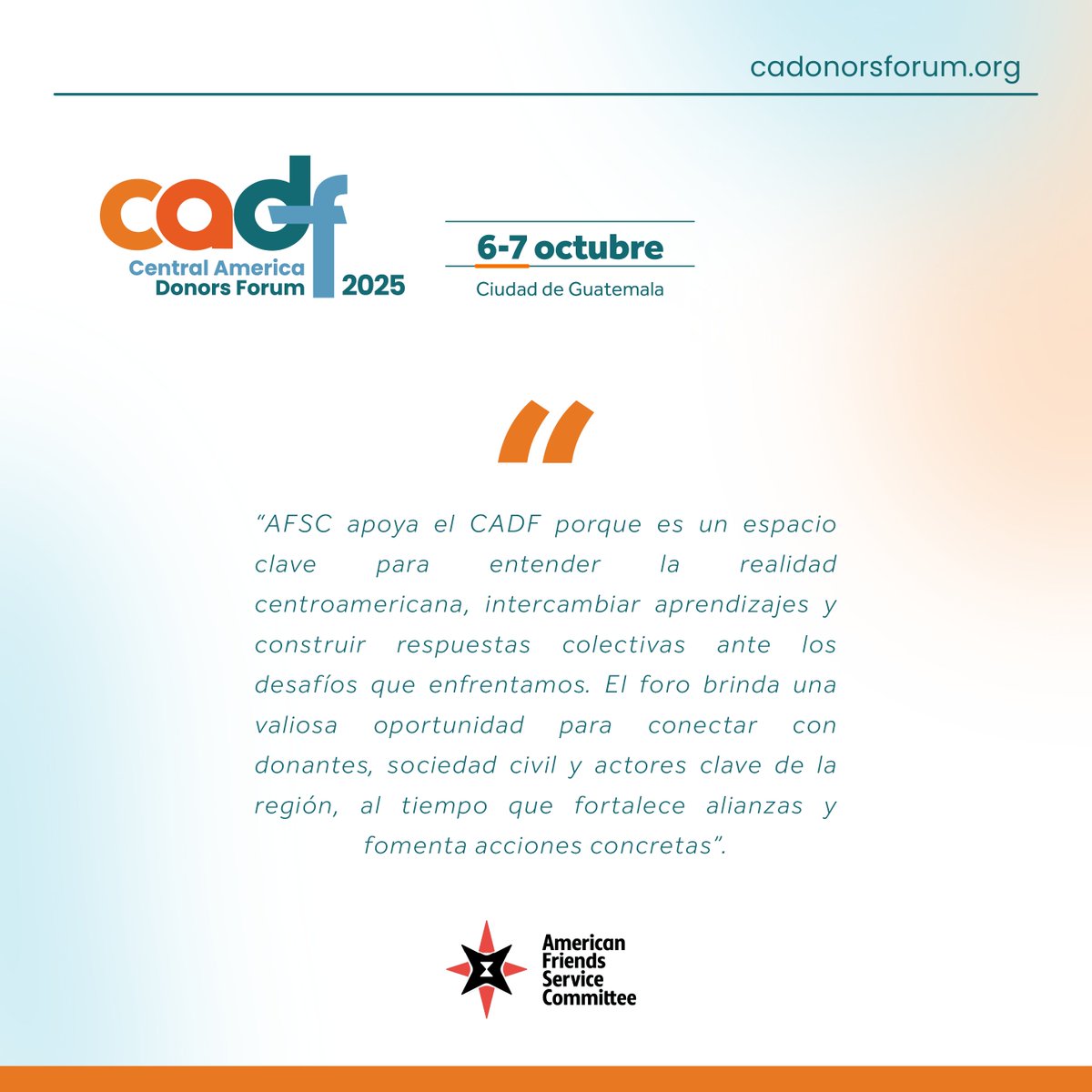 Gracias, <a href="/afsc_org/">AFSC</a>, por confiar en el #CADF2025 como un espacio clave para intercambiar conocimientos, construir propuestas colectivas, conectar con diversos sectores y fortalecer las alianzas. Nos alegra tenerlos como aliados de este encuentro único.

cadonorsforum.org