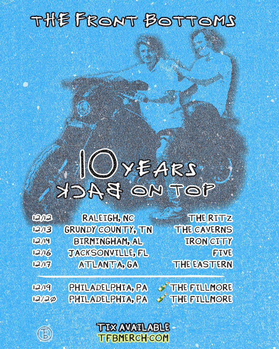 TheFrontBottoms's tweet photo. New Back On Top dates this December. 
Champagne Jam - Two nights in Philly
Limited pre-sale tix on sale now. 
All tix on sale Thursday at 11am. 
https://t.co/pVPEFcNxVj https://t.co/WeWmCfnE4G