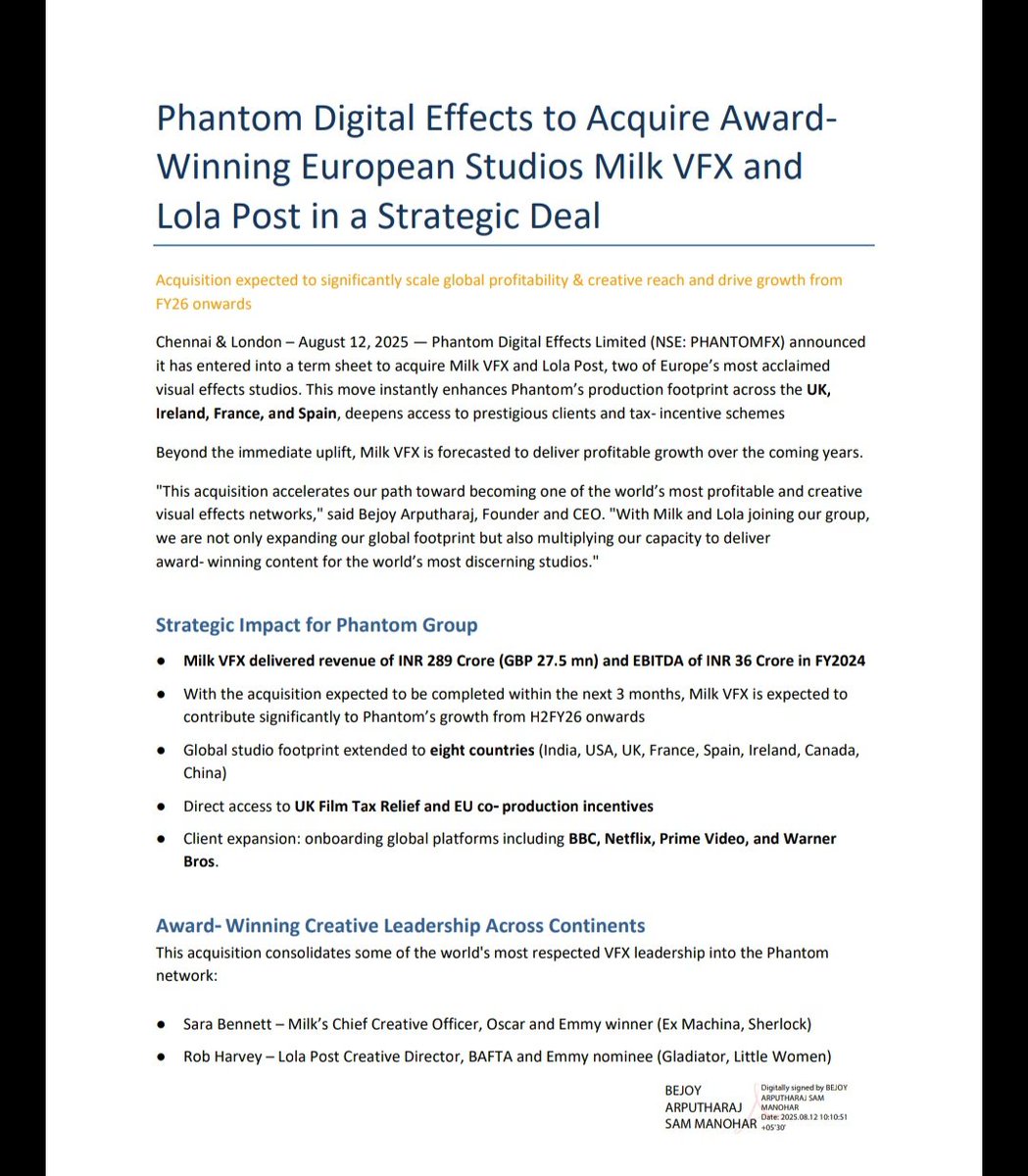 subrata_minu's tweet photo. Phantom Digital 

Phantom Digital Effects to acquire Milk VFX and Lola Post, expanding global footprint and profitability from FY26.

#PhantomDigital #Investor #niftycrash #OptionsTreding #Investing #BREAKING #Nifty  #StockMarketUpdate https://t.co/aiQ7EKFvuv