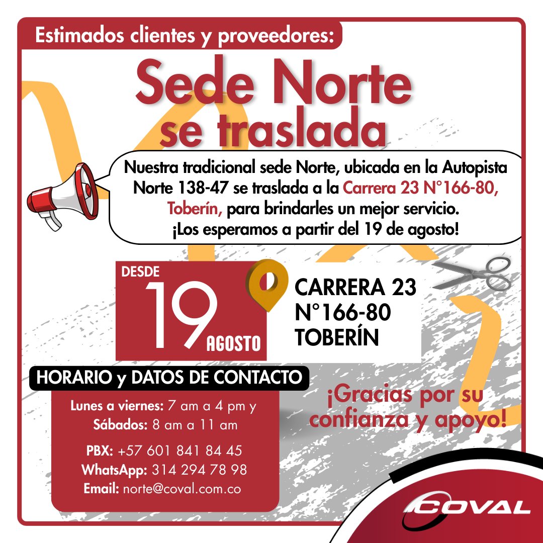 CovalComercial's tweet photo. 📢Estimados clientes y proveedores:
Nuestra tradicional sede Norte, ubicada en la Autopista Norte 138-47 se traslada a la Carrera 23 N°166-80, Toberín, para brindarles un mejor servicio. Los esperamos a partir del 19 de agosto.
¡Gracias por su confianza y apoyo!

#NuevaSede #Traslado #BogotáNorte #Norte #Construcción #Ferreteros #Ferreterías #Remodelacion #Acabados