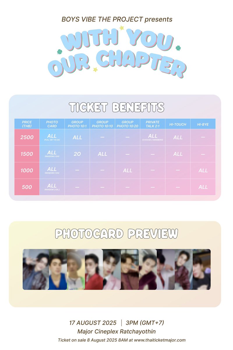 ❗️พลาดไม่ได้แล้ว❗️

🩵 Boys Vibe The Project presents ‘With You, Our Chapter’ 🩵  

📆 วันที่ 17 สิงหาคม 2568 เวลา 15.00-20.00 น.  ที่เมเจอร์ซีนีเพล็กซ์ รัชโยธิน 

🎟️ บัตรราคา 500 , 1000, 1500, และ 2500 บาท

⏰ จำหน่าย thaiticketmajor.com  

จองบัตรด่วน‼️ #boysvibetheproject