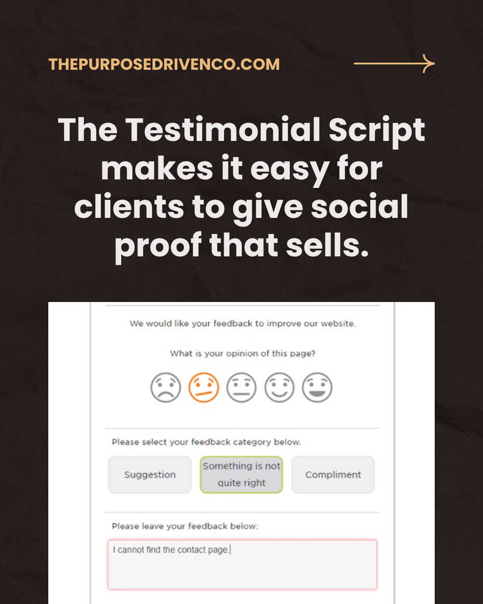 RealJHull's tweet photo. The Testimonial Script

A weak testimonial is worse than no testimonial.The Testimonial Script helps your clients share social proof that actually converts.Use it every time you wrap a session, project, or program.

Want all 6 scripts for your coaching biz?

Comment “SCRIPT” below!

#SocialProofStrategy #TestimonialMarketing #ClientSuccessStories #CoachingGrowth #StoryBasedSelling #PurposeDrivenProof #TwinWinSelling