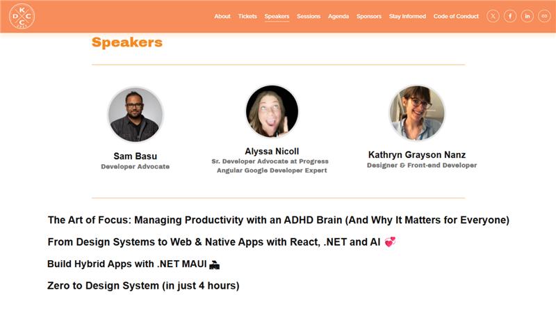 Telerik's tweet image. Ready for #kcdc2025? 🤩

Catch @samidip, @kathryngrayson, &amp;amp; @AlyssaNicoll as they share their expertise on everything from building hybrid apps to design systems &amp;amp; tons more!

Get all the details &amp;amp; when to see them live on stage here: prgress.co/3KOtayU