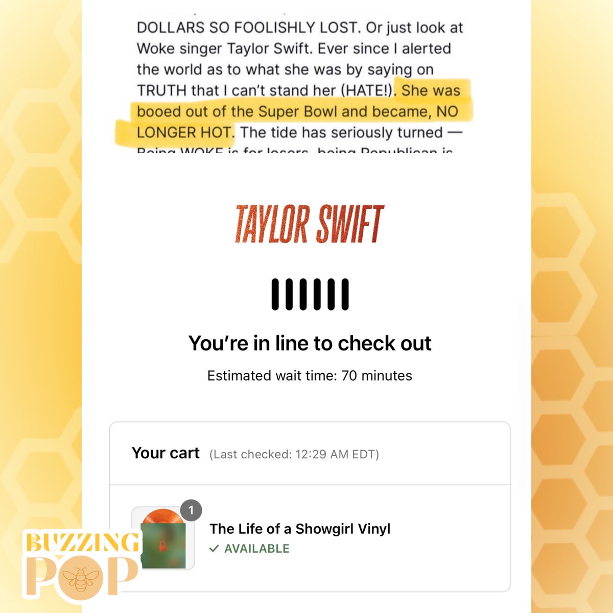 BuzzingPop's tweet photo. Earlier this month, Donald Trump declared Taylor Swift “NO LONGER HOT” after changing his tune about her. His press secretary said the singer’s political views hurt her support.

But the tables turned HARD: Swift's US website crashed as the countdown ended, leading to long queues for hours to pre-order her 12th album just off the title reveal. #TheLifeofaShowgirl
