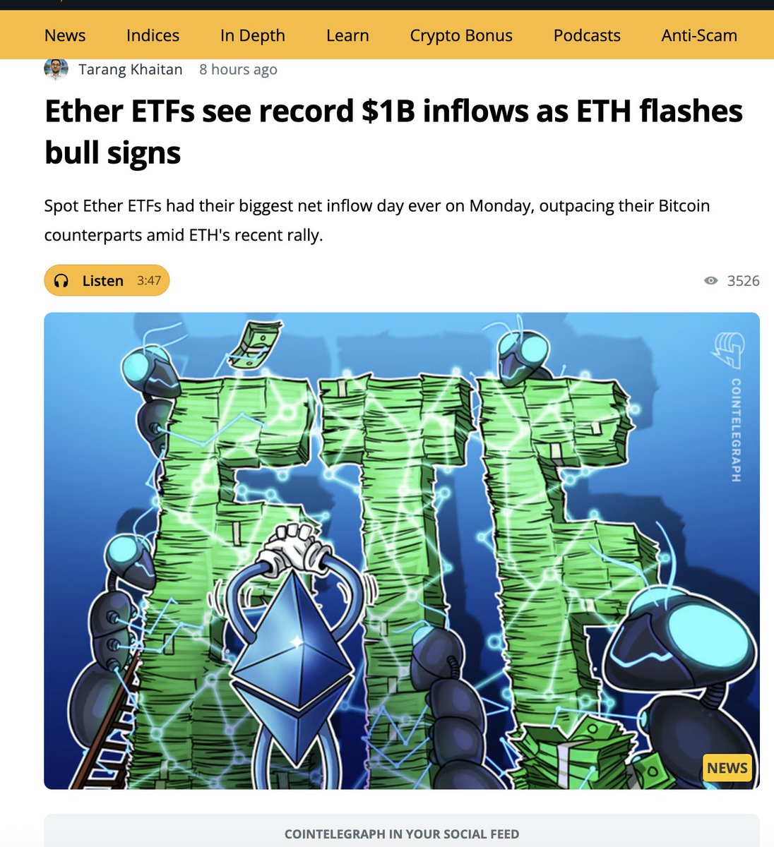 Spot Ether exchange-traded funds (ETFs) recorded their biggest day of net inflows ever on Monday, with flows across all funds totalling $1.01 billion.  The development came as many key indicators had turned bullish and Ether gained 45% in the past 30 days, dramatically