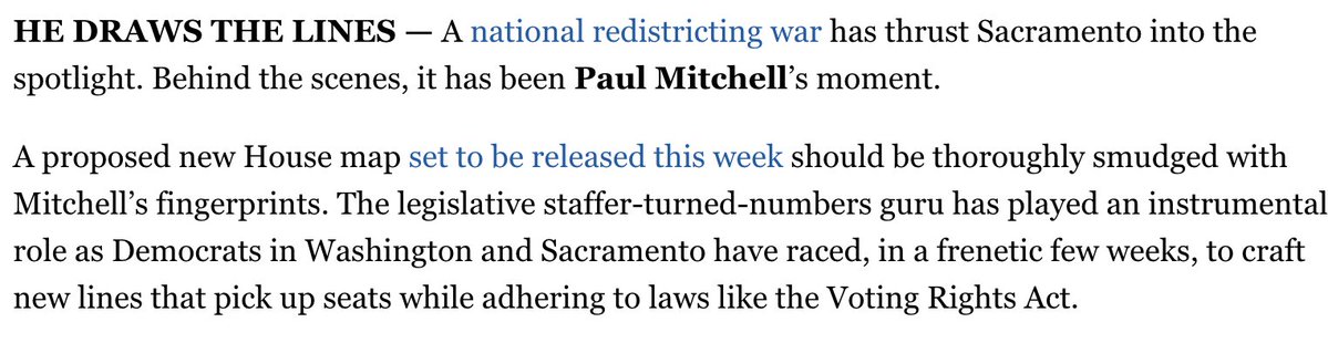 Jeremy B. White (@jeremybwhite) on Twitter photo ICYMI: One California man has an outsize role in drawing new gerrymandered maps.
Before #CALeg and voters vote, <a href="/paulmitche11/">Paul Mitchell</a> is drawing
politico.com/tipsheets/cali… ICYMI: One California man has an outsize role in drawing new gerrymandered maps.
Before #CALeg and voters vote, <a href="/paulmitche11/">Paul Mitchell</a> is drawing
politico.com/tipsheets/cali…