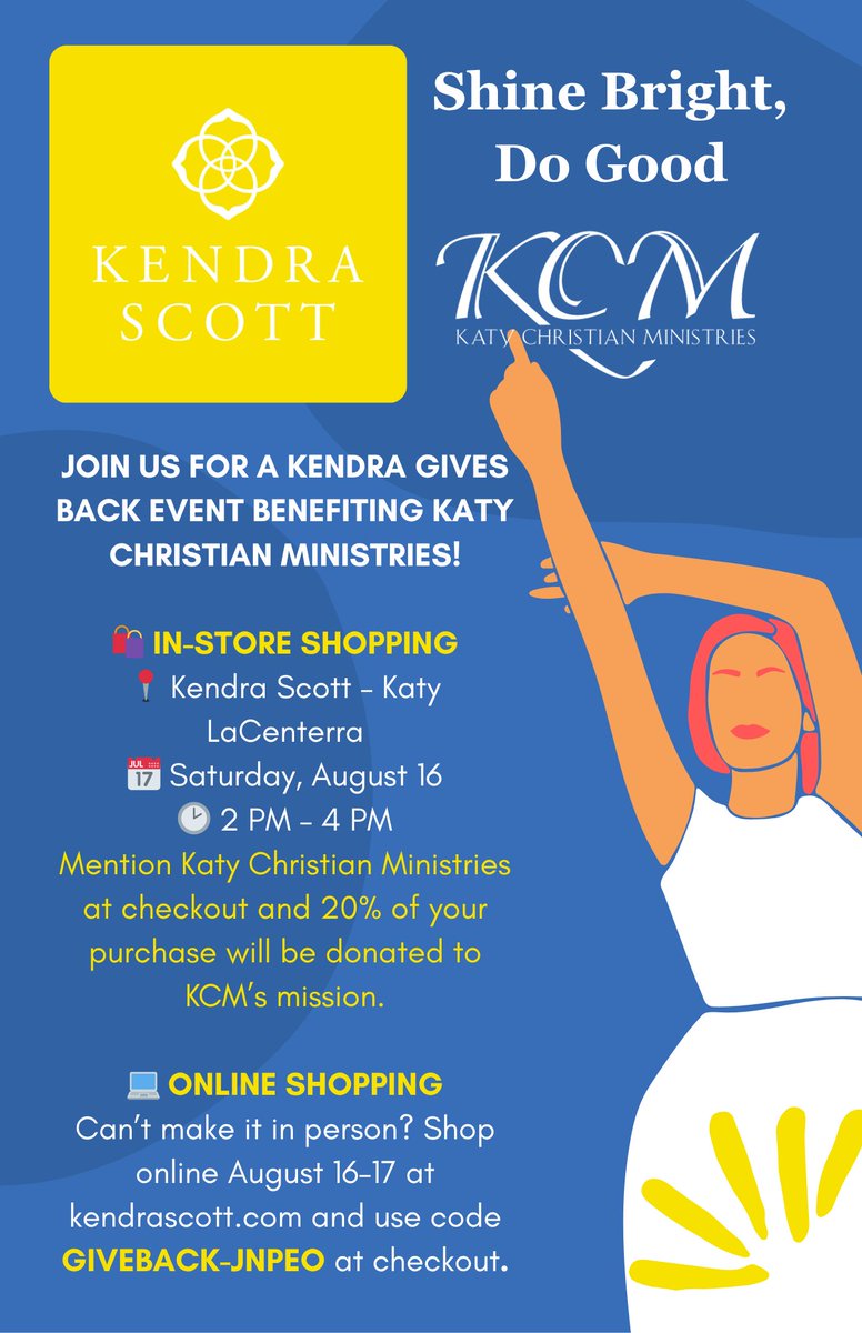 ✨ Shop for a Cause with Kendra Scott! ✨
Join us for a Kendra Gives Back event benefiting Katy Christian Ministries 💛

🛍️ IN-STORE:
📍 Kendra Scott – Katy LaCenterra
📅 Saturday, August 16

#KendraScott #ShopForACause #SupportKCM #KatyTX