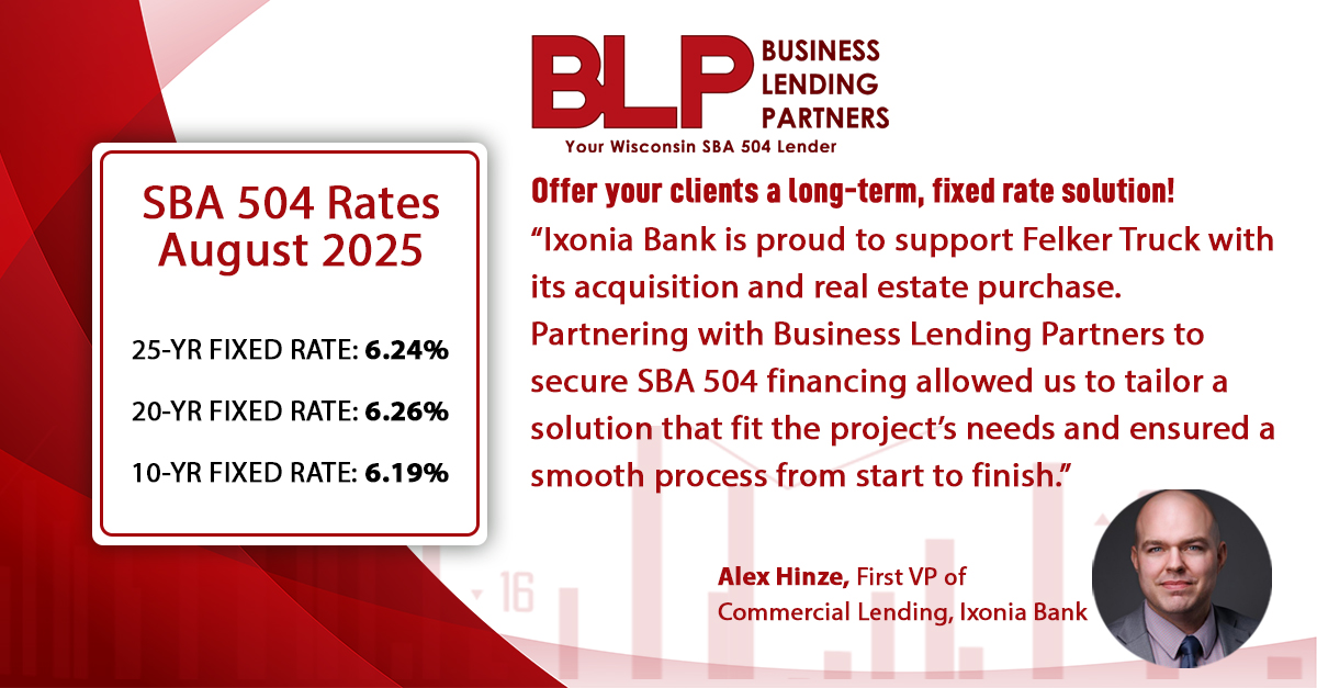 BLP504's tweet photo. Good news! August SBA 504 rates have dropped, making financing easier with low down payments, fixed rates, and up to 90% funding. BLP and Alex Hinze of @IxoniaBank helped Felker Truck expand. Learn more: https://t.co/8dfX5IgHPD #SBA504 @SBA_Wisconsin https://t.co/HS4CDAa0YD