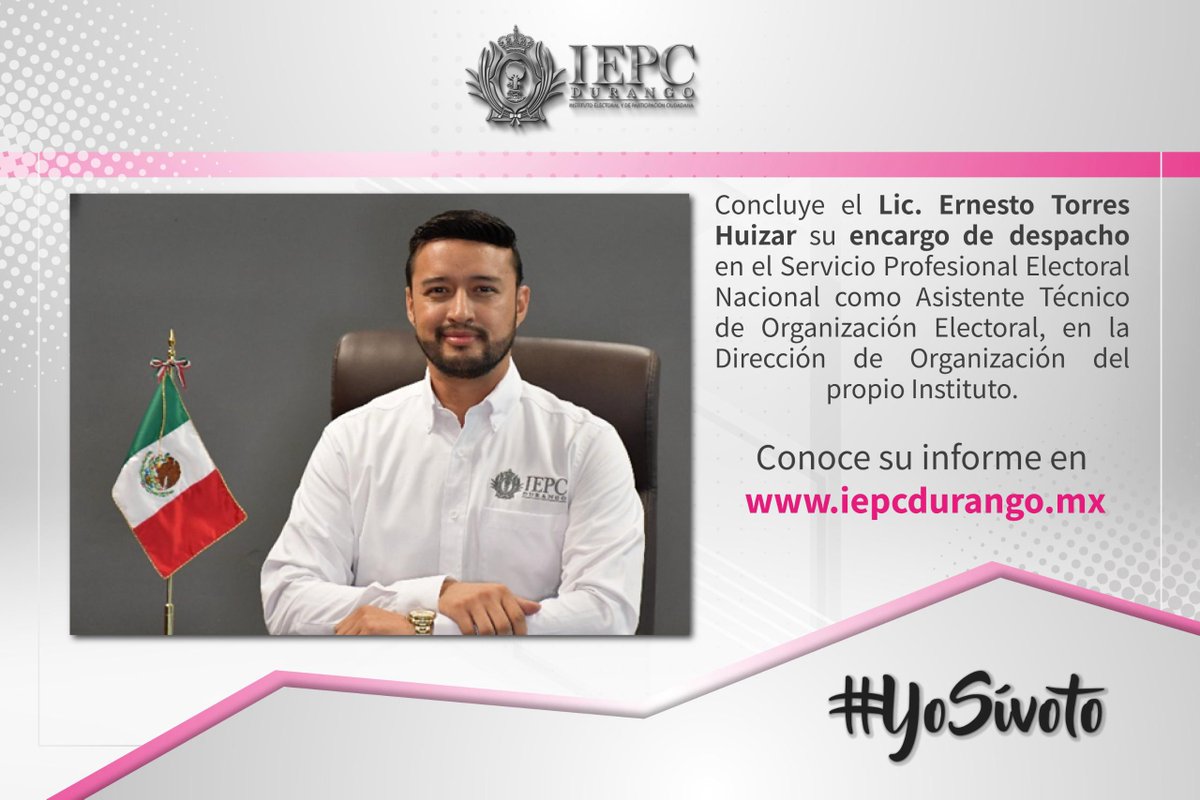 IEPCDurango's tweet photo. El Lic. Ernesto Torres Huizar concluyó su encargo de despacho en el Servicio Profesional Electoral Nacional, desempeñándose como Asistente Técnico de Organización Electoral en la Dirección de Organización del @IEPCDurango   .
Link: https://t.co/3RZTOnL62m https://t.co/2Z90KnRKkD
